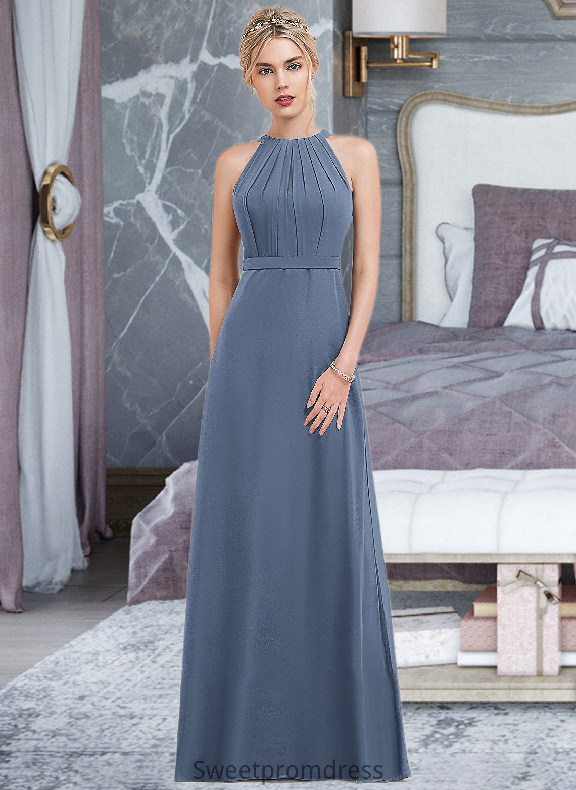 Ashtyn A-Line Scoop Neck Floor-Length Chiffon Bridesmaid Dress With Ruffle DHP0012861