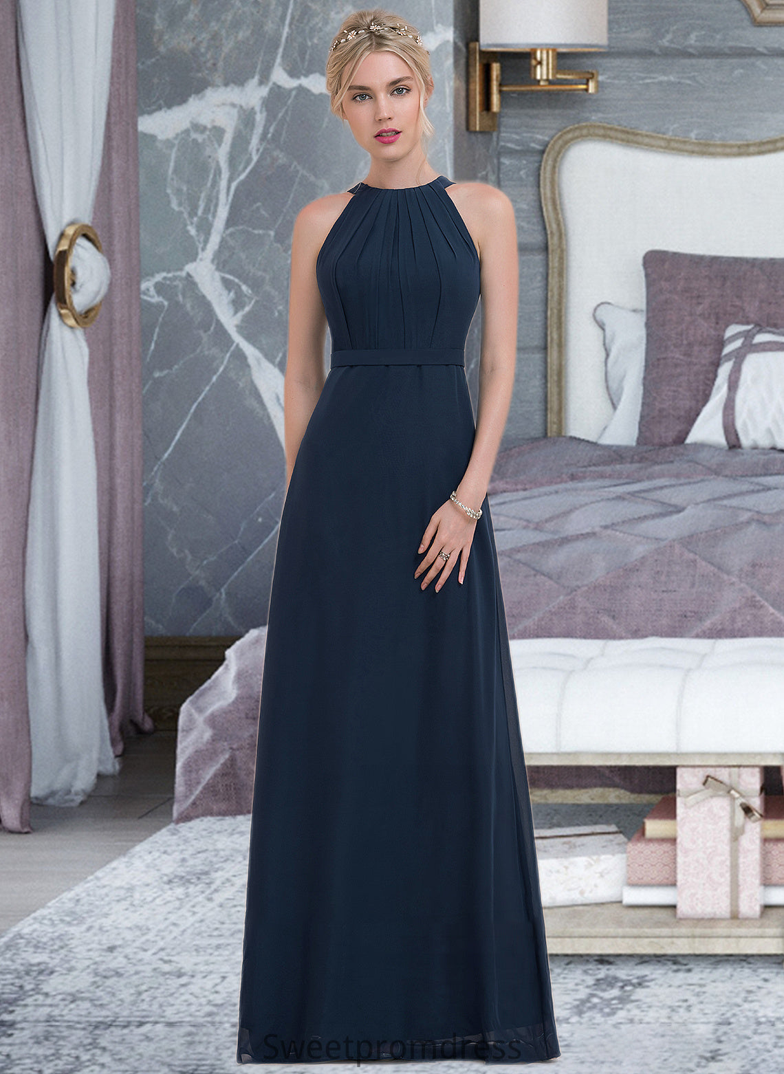 Ashtyn A-Line Scoop Neck Floor-Length Chiffon Bridesmaid Dress With Ruffle DHP0012861