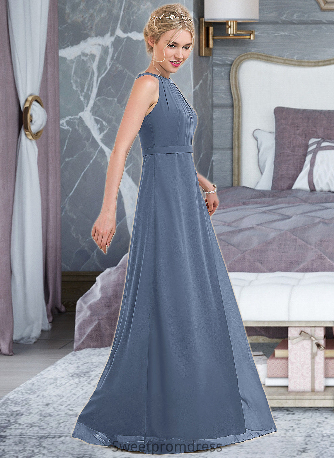 Ashtyn A-Line Scoop Neck Floor-Length Chiffon Bridesmaid Dress With Ruffle DHP0012861