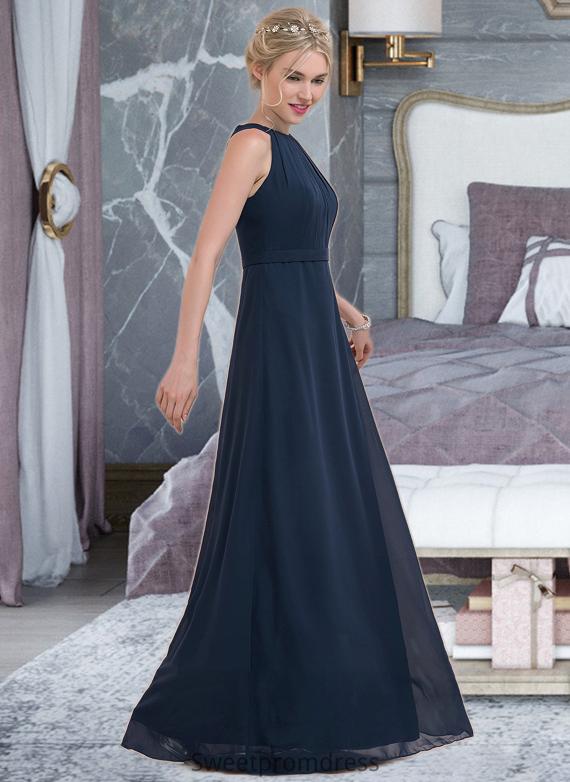 Ashtyn A-Line Scoop Neck Floor-Length Chiffon Bridesmaid Dress With Ruffle DHP0012861