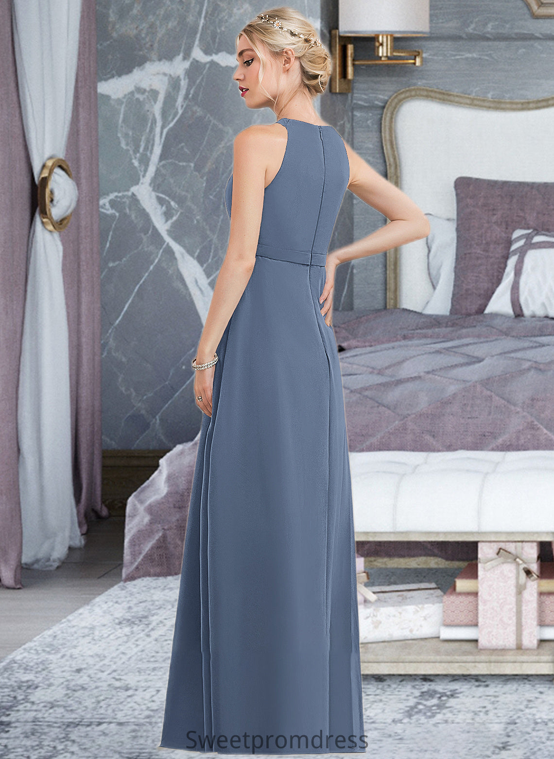 Ashtyn A-Line Scoop Neck Floor-Length Chiffon Bridesmaid Dress With Ruffle DHP0012861