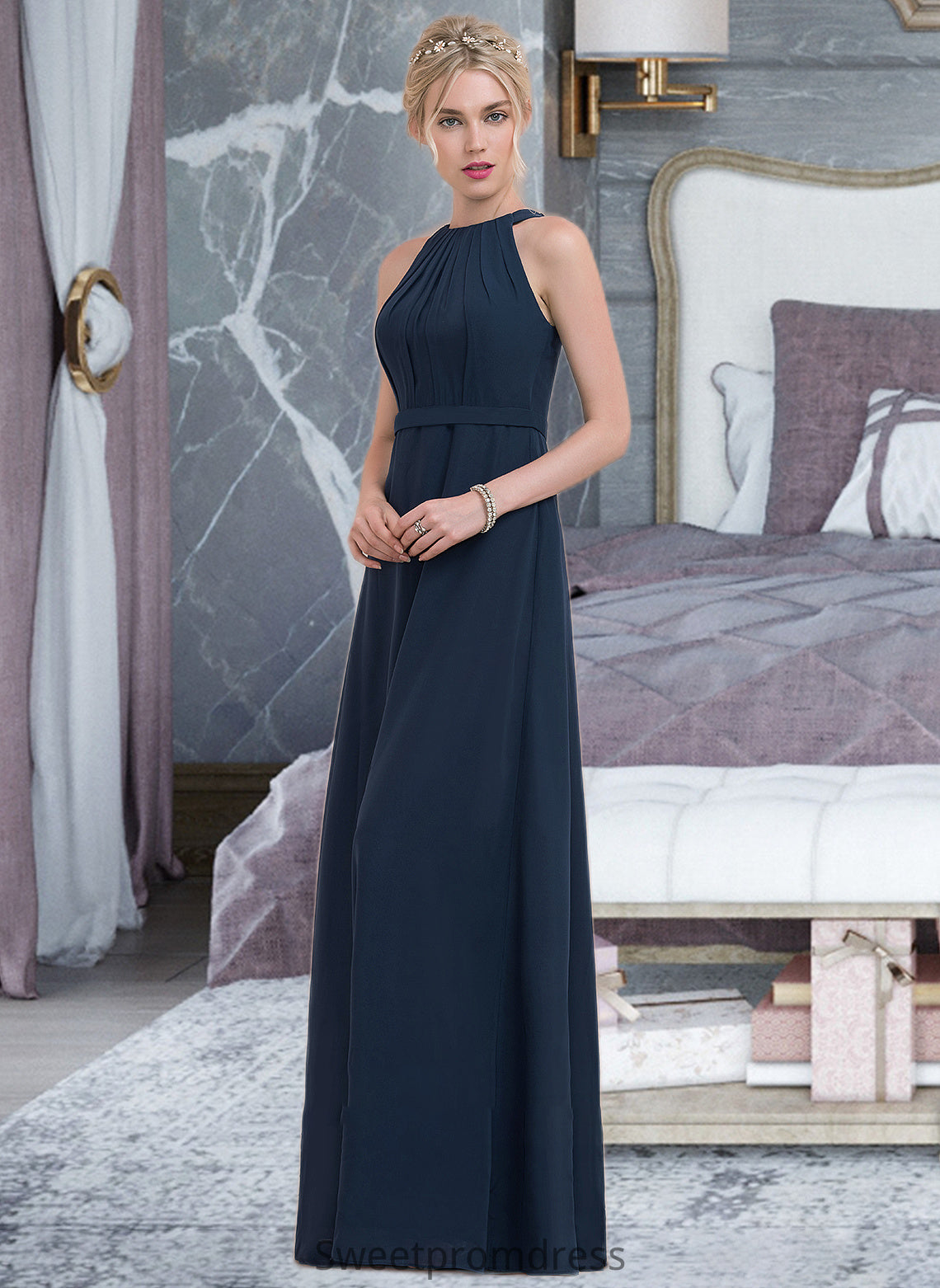 Ashtyn A-Line Scoop Neck Floor-Length Chiffon Bridesmaid Dress With Ruffle DHP0012861