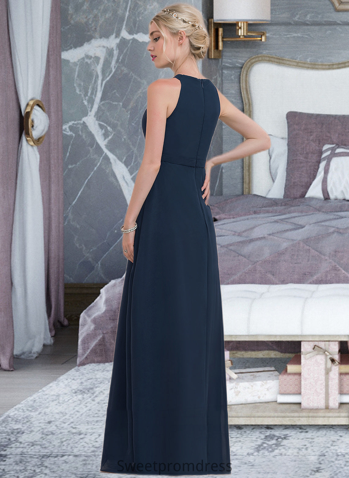 Ashtyn A-Line Scoop Neck Floor-Length Chiffon Bridesmaid Dress With Ruffle DHP0012861