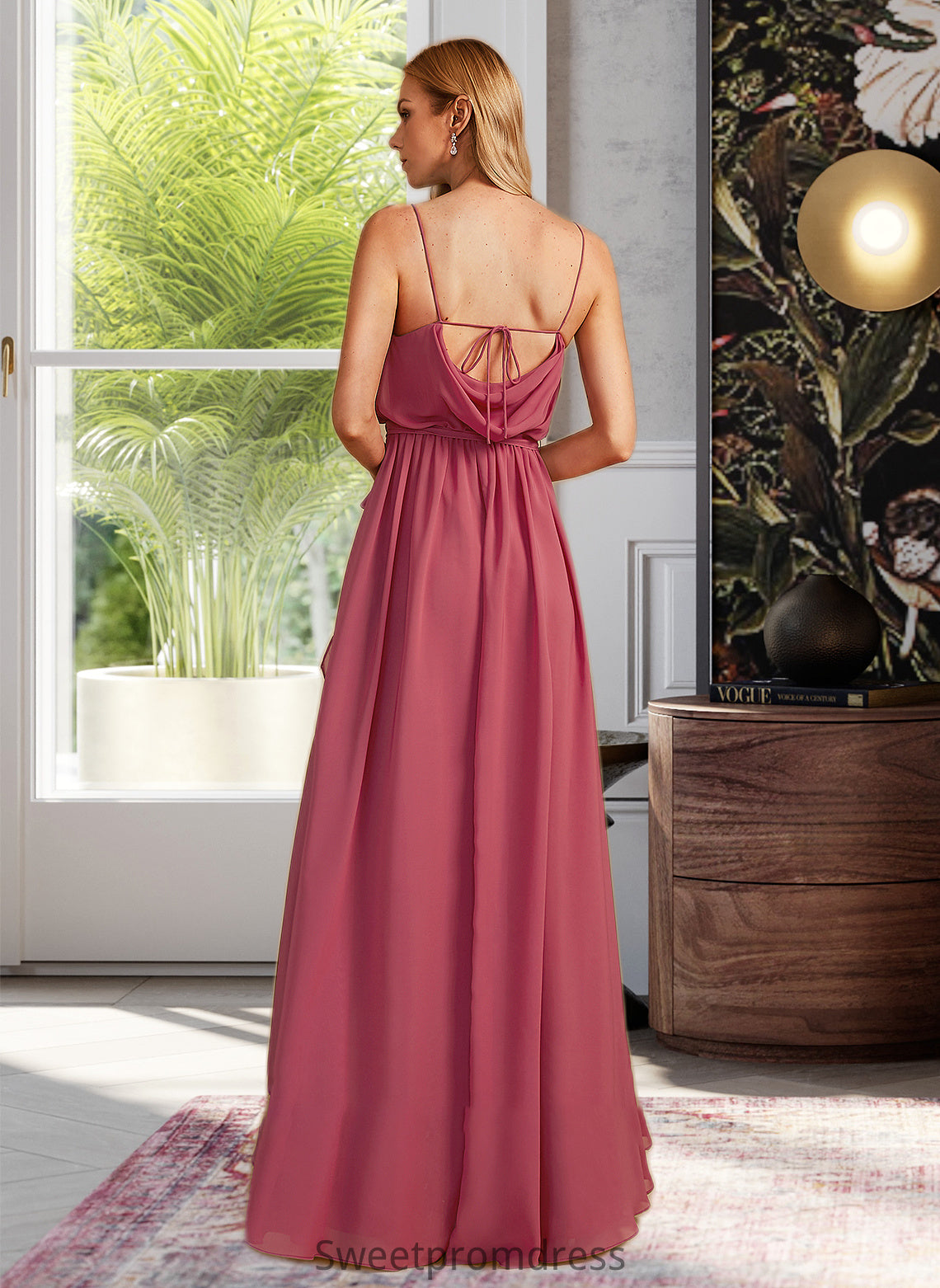 Tina A-Line Cowl Neck Floor-Length Bridesmaid Dress With Ruffle Split Front DHP0012862