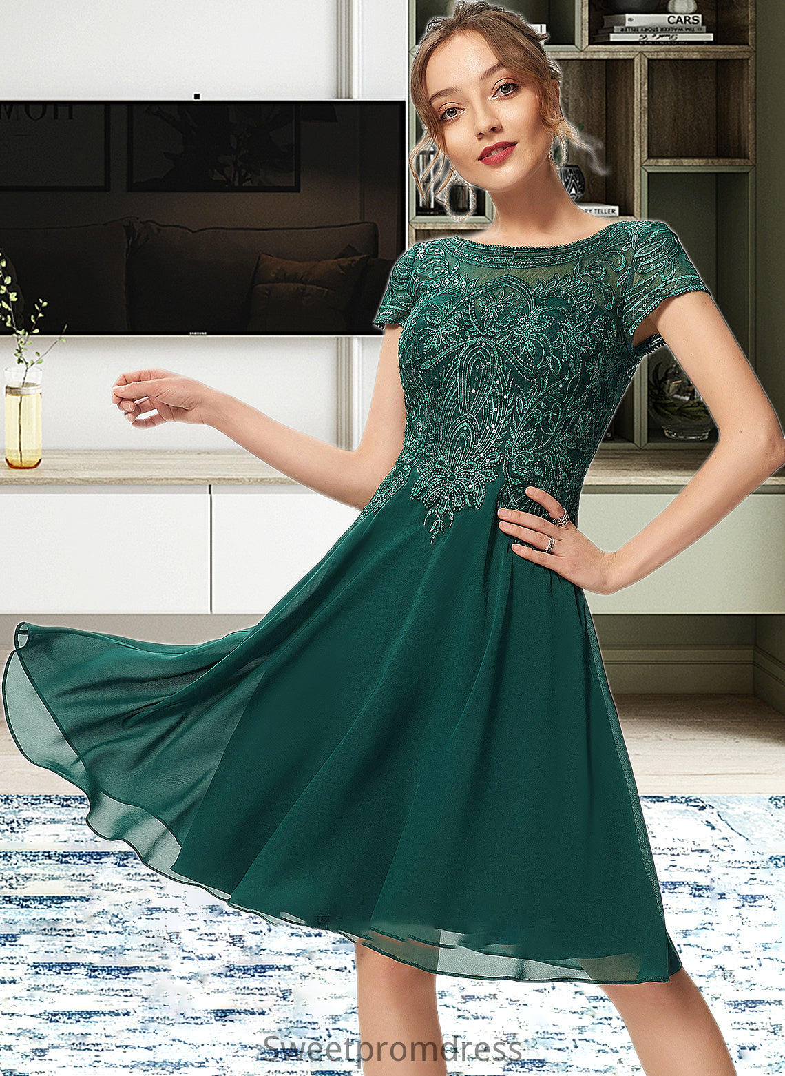 Diya A-Line Scoop Neck Knee-Length Chiffon Lace Bridesmaid Dress With Sequins DHP0012863