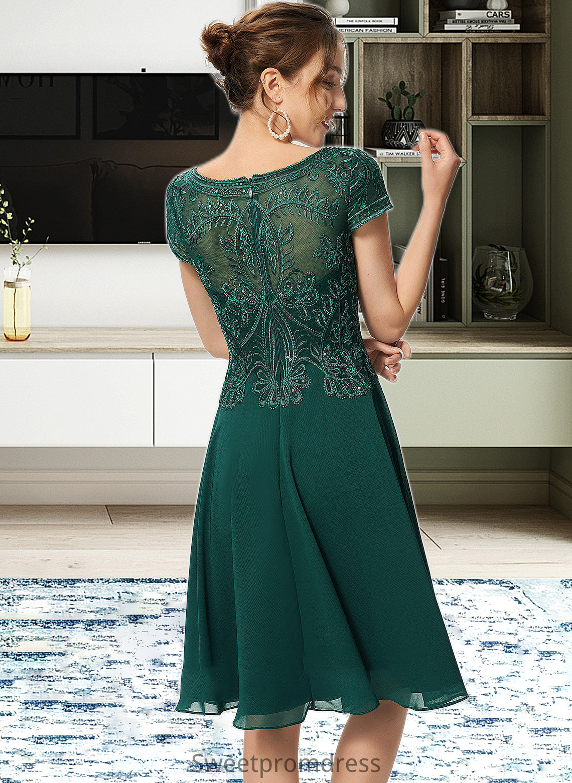 Diya A-Line Scoop Neck Knee-Length Chiffon Lace Bridesmaid Dress With Sequins DHP0012863