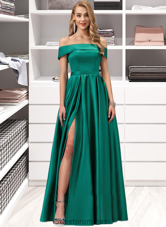 Priscilla Ball-Gown/Princess Off-the-Shoulder Floor-Length Satin Bridesmaid Dress With Split Front Pockets DHP0012866