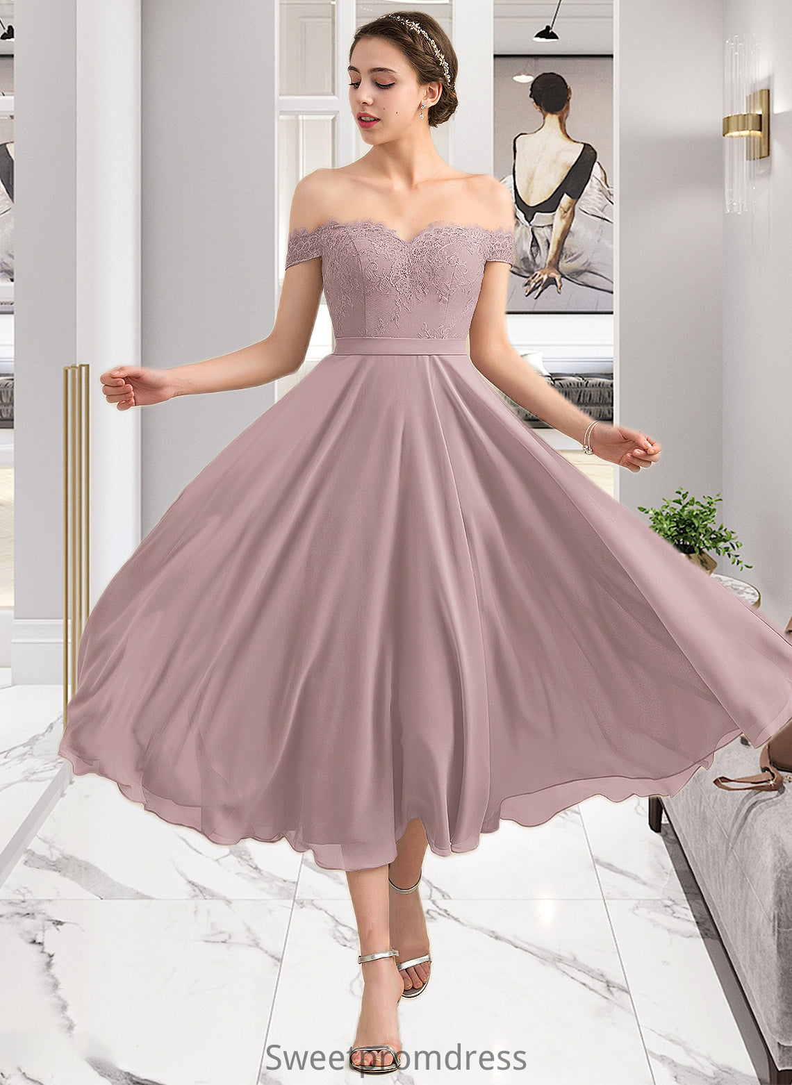 Lia A-Line Off-the-Shoulder Tea-Length Chiffon Lace Bridesmaid Dress With Beading Sequins DHP0012867