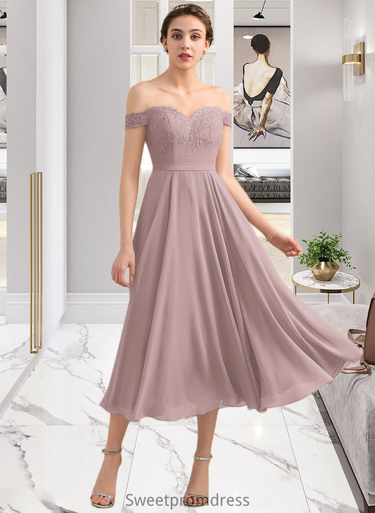 Lia A-Line Off-the-Shoulder Tea-Length Chiffon Lace Bridesmaid Dress With Beading Sequins DHP0012867