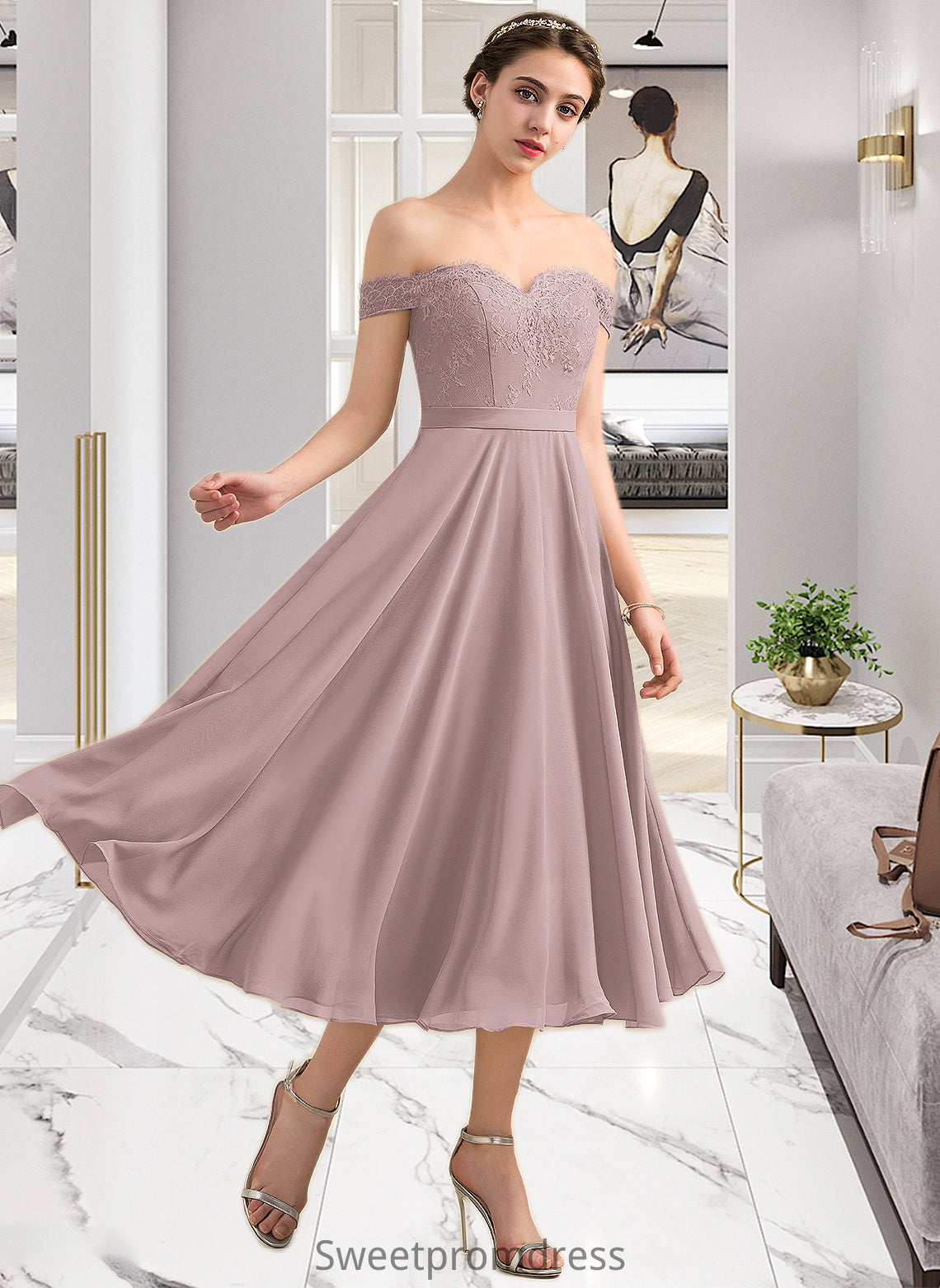 Lia A-Line Off-the-Shoulder Tea-Length Chiffon Lace Bridesmaid Dress With Beading Sequins DHP0012867