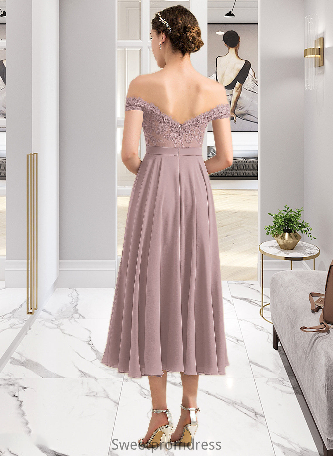 Lia A-Line Off-the-Shoulder Tea-Length Chiffon Lace Bridesmaid Dress With Beading Sequins DHP0012867