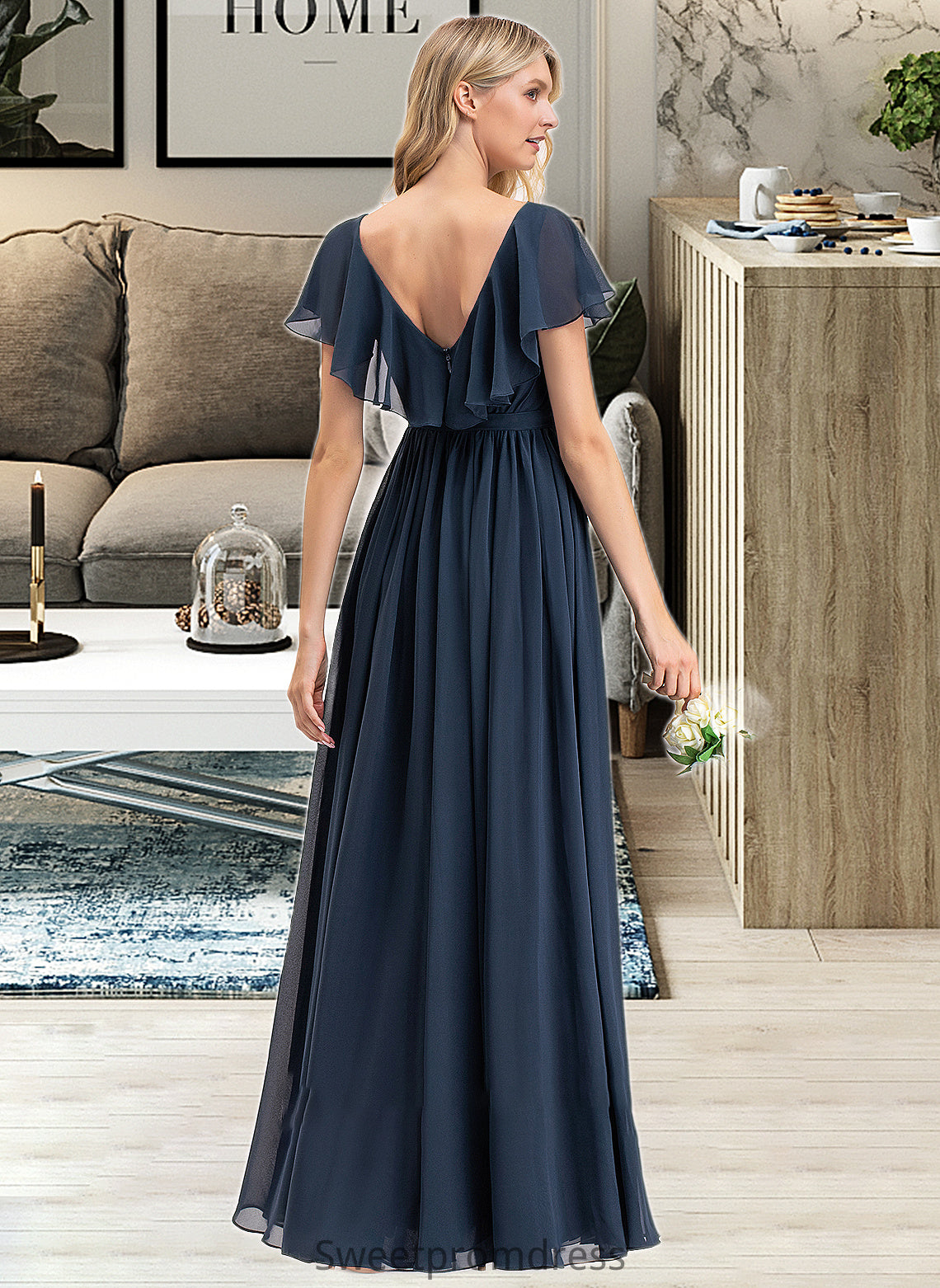 Alexia A-Line V-neck Floor-Length Chiffon Bridesmaid Dress With Bow(s) Split Front Cascading Ruffles DHP0012868