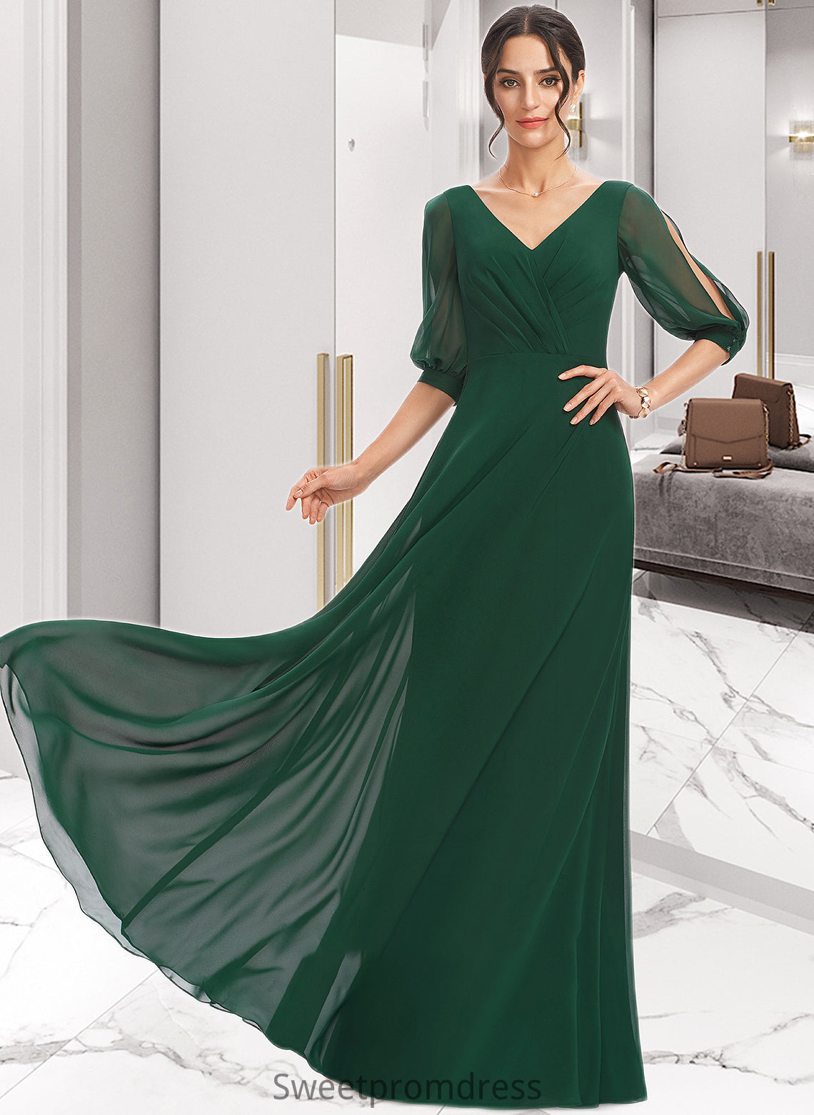 Shania A-Line V-neck Floor-Length Bridesmaid Dress With Ruffle DHP0012870