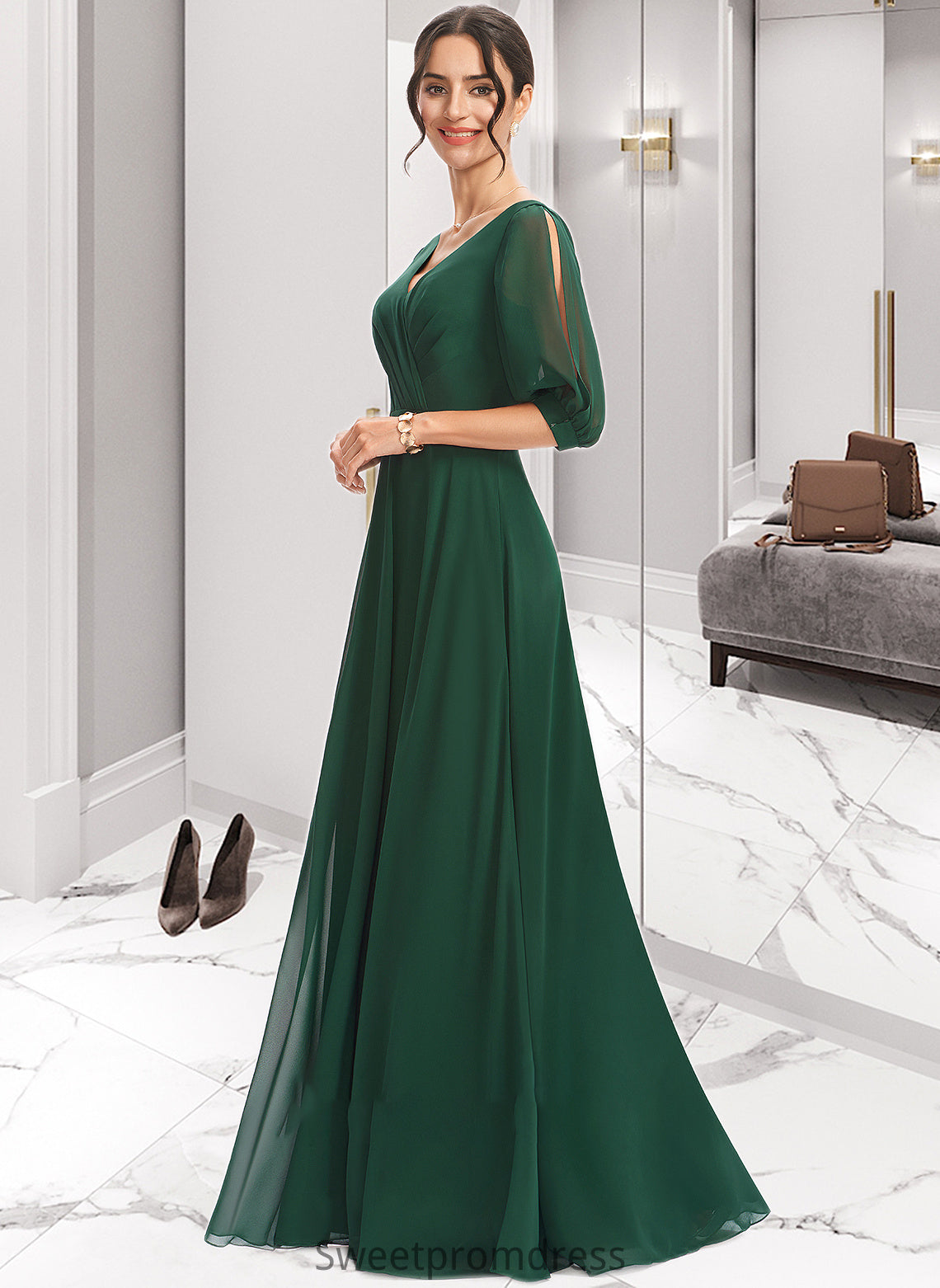 Shania A-Line V-neck Floor-Length Bridesmaid Dress With Ruffle DHP0012870