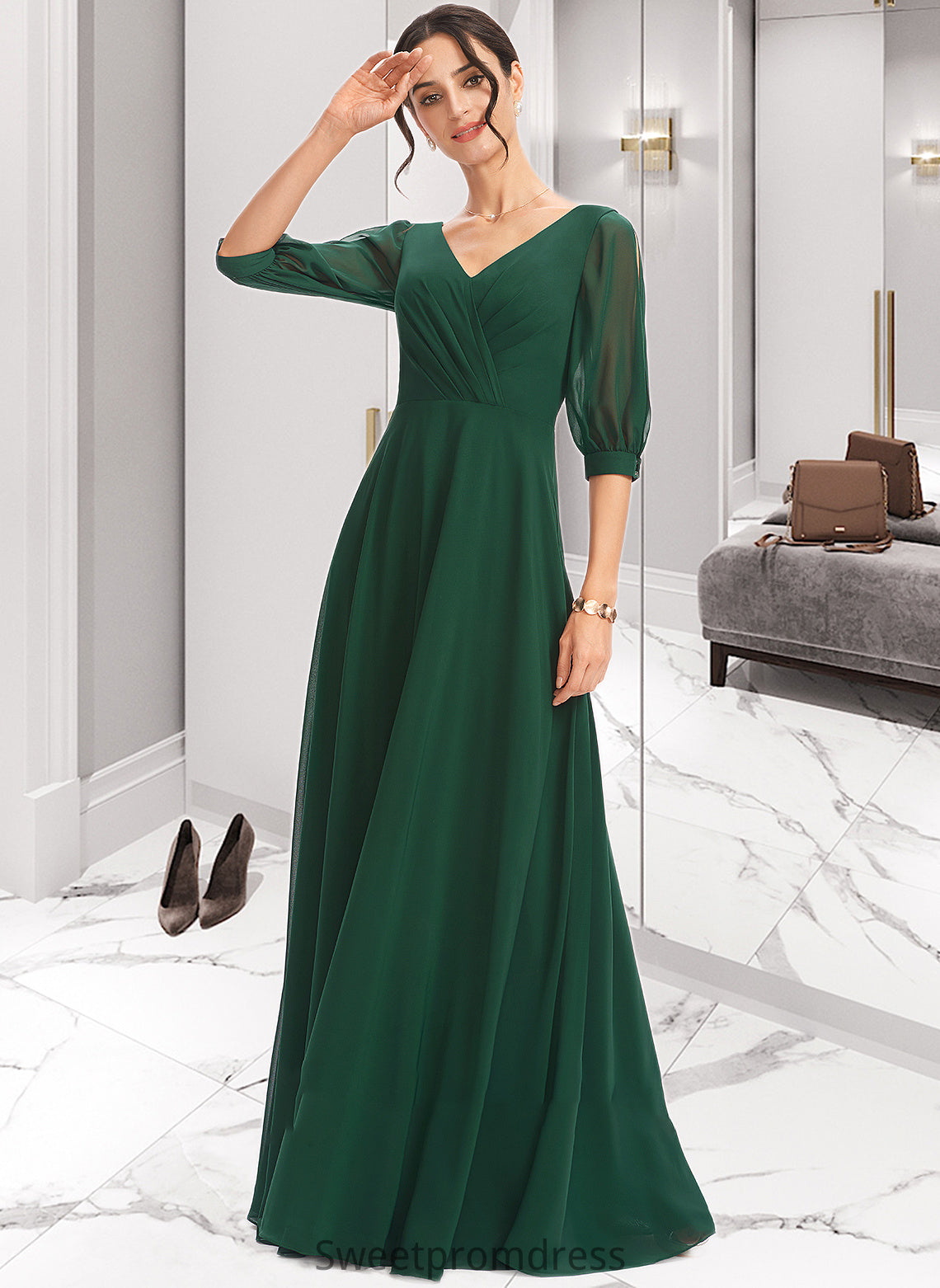 Shania A-Line V-neck Floor-Length Bridesmaid Dress With Ruffle DHP0012870