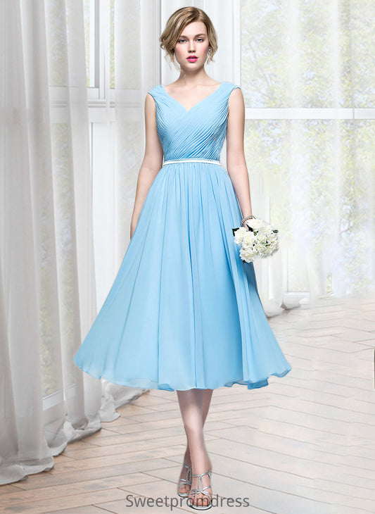 Aria A-Line V-neck Tea-Length Chiffon Bridesmaid Dress With Ruffle DHP0012871