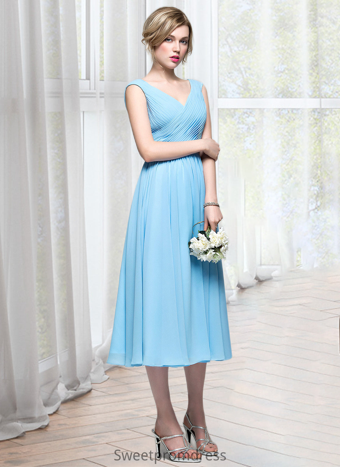 Aria A-Line V-neck Tea-Length Chiffon Bridesmaid Dress With Ruffle DHP0012871