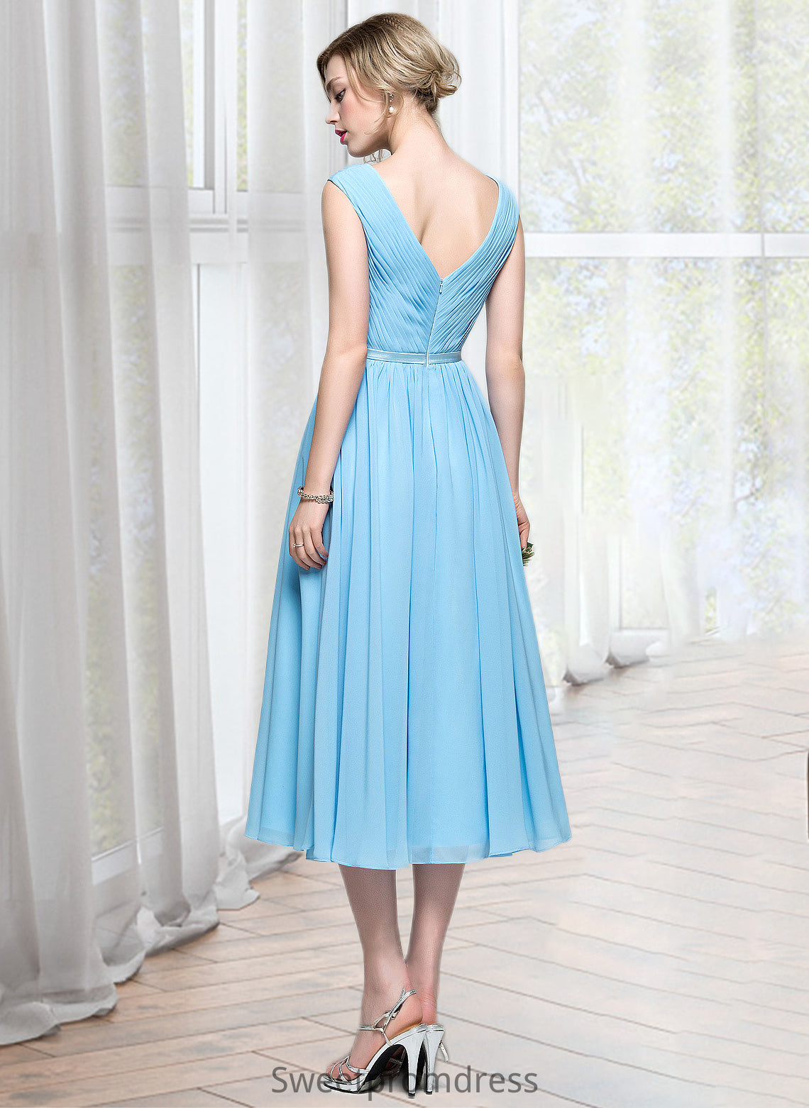 Aria A-Line V-neck Tea-Length Chiffon Bridesmaid Dress With Ruffle DHP0012871