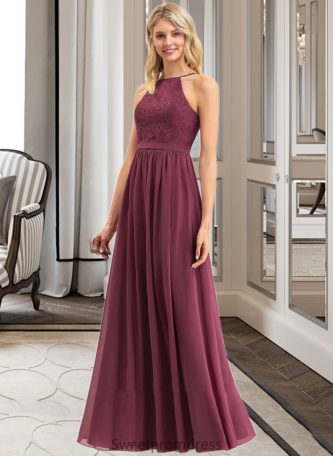 Miya A-Line Square Neckline Floor-Length Chiffon Lace Bridesmaid Dress DHP0012873