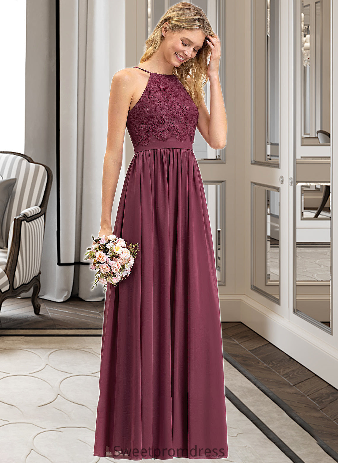 Miya A-Line Square Neckline Floor-Length Chiffon Lace Bridesmaid Dress DHP0012873