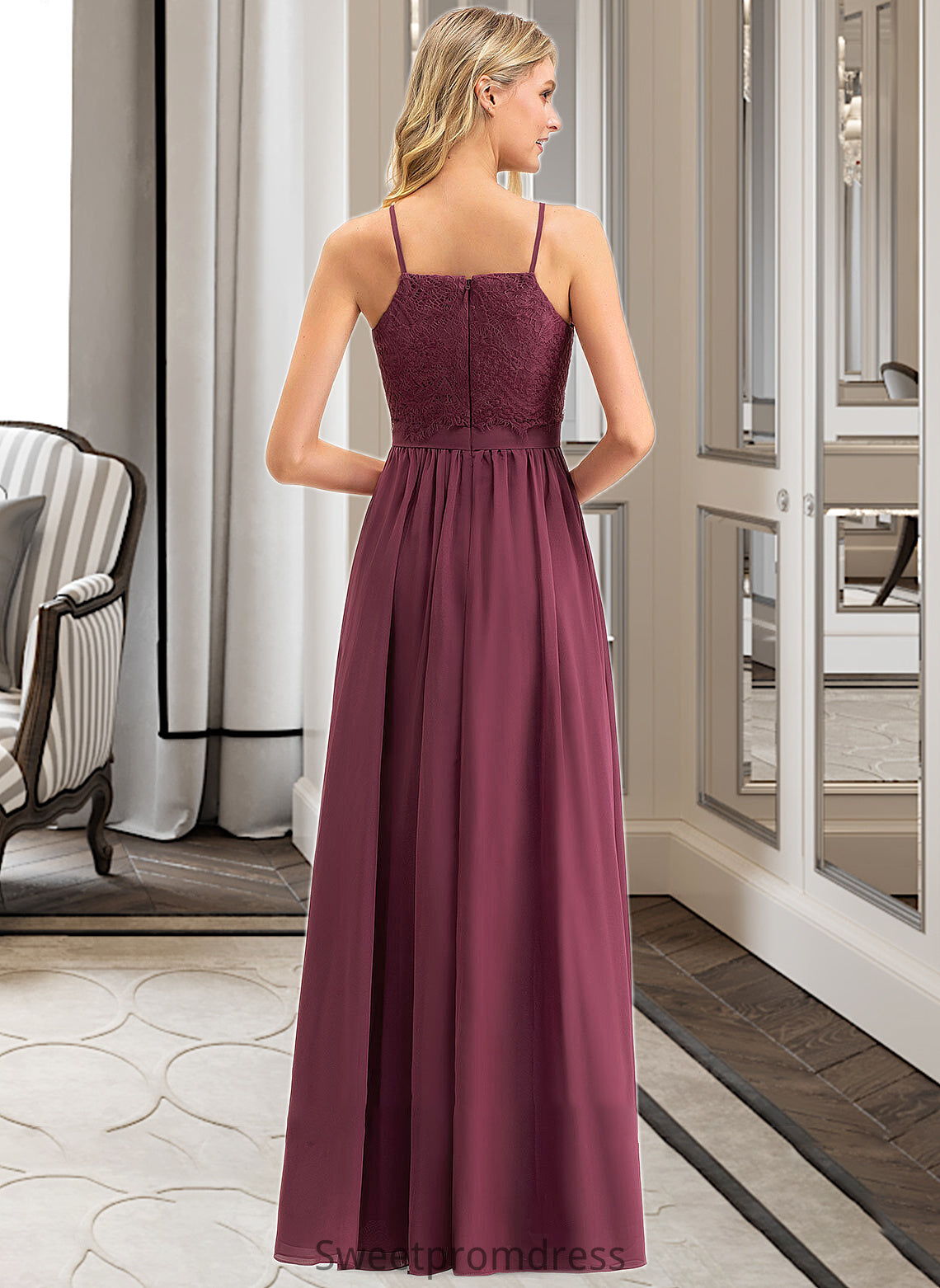 Miya A-Line Square Neckline Floor-Length Chiffon Lace Bridesmaid Dress DHP0012873