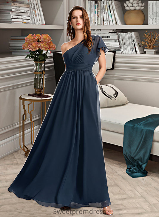 Nell A-Line One-Shoulder Floor-Length Bridesmaid Dress With Ruffle DHP0012875