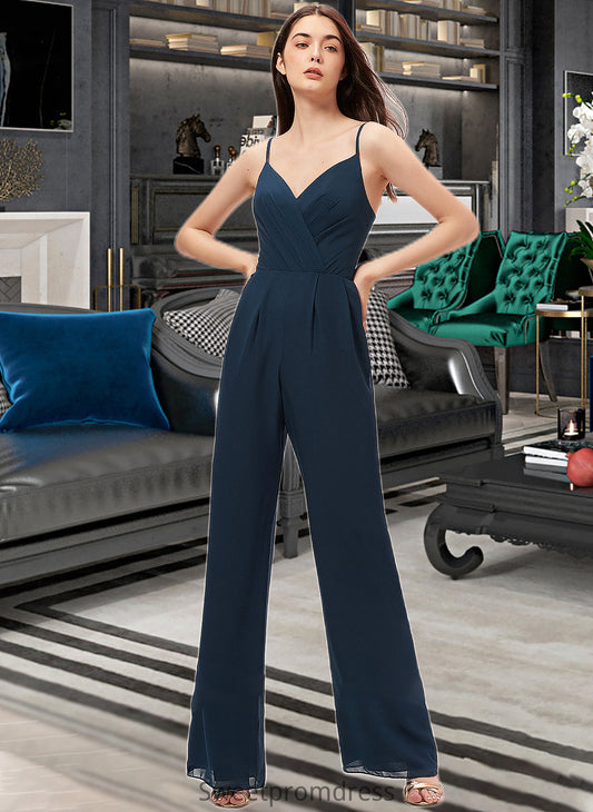 Angelica Jumpsuit/Pantsuit V-Neck Floor-Length Chiffon Bridesmaid Dress With Ruffle DHP0012877