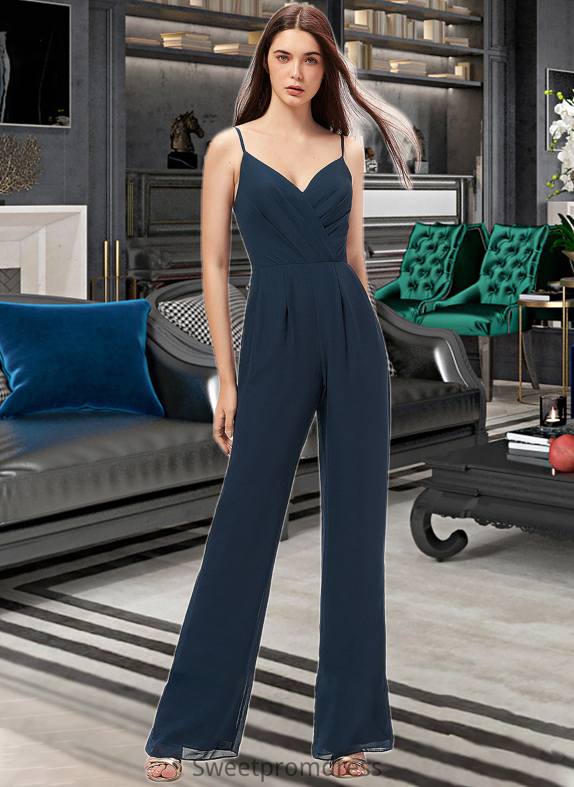 Angelica Jumpsuit/Pantsuit V-Neck Floor-Length Chiffon Bridesmaid Dress With Ruffle DHP0012877