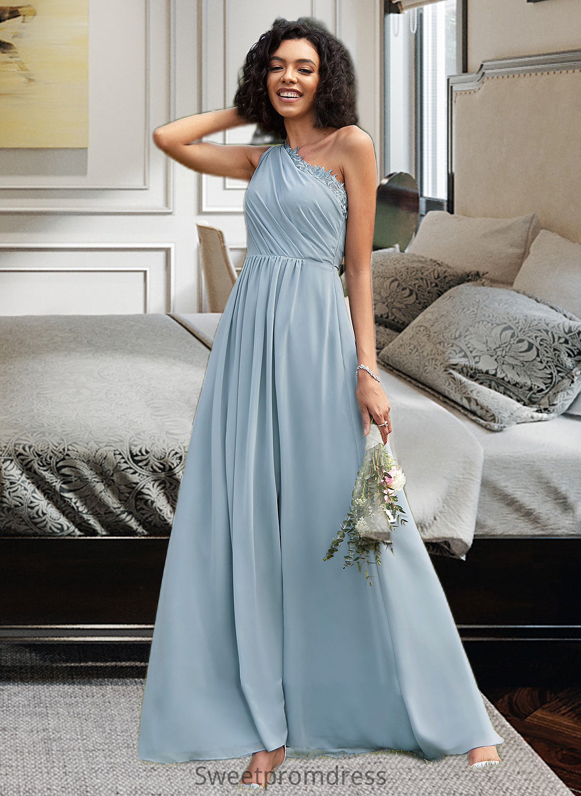 Adyson A-Line One-Shoulder Floor-Length Bridesmaid Dress With Lace Sequins DHP0012878