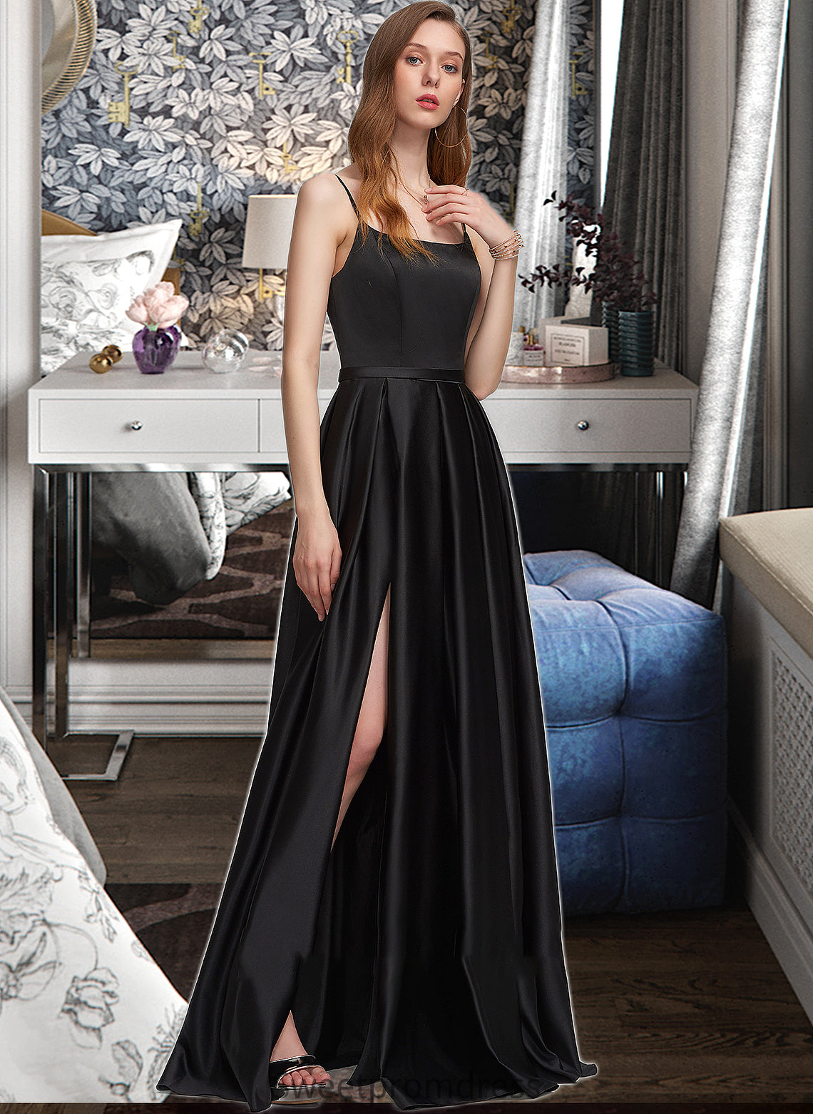 Hadassah A-Line Square Neckline Floor-Length Satin Bridesmaid Dress With Split Front Pockets DHP0012879