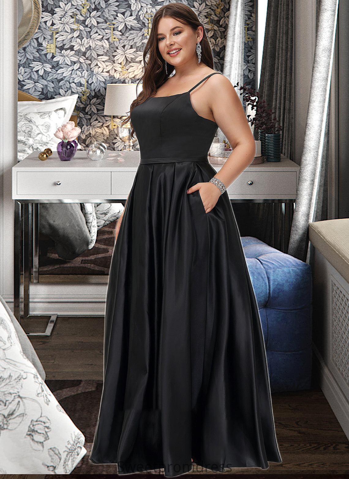 Hadassah A-Line Square Neckline Floor-Length Satin Bridesmaid Dress With Split Front Pockets DHP0012879