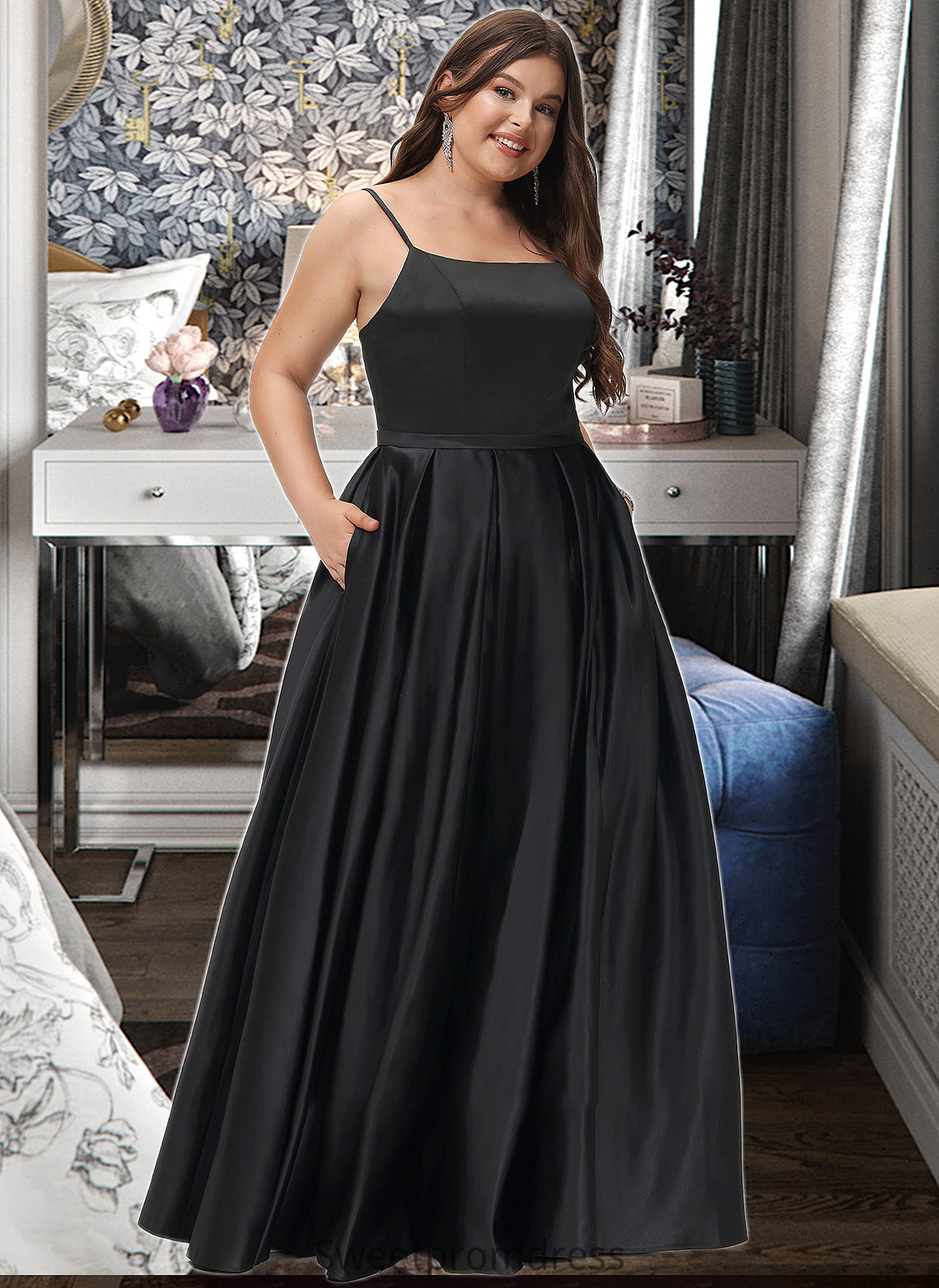 Hadassah A-Line Square Neckline Floor-Length Satin Bridesmaid Dress With Split Front Pockets DHP0012879