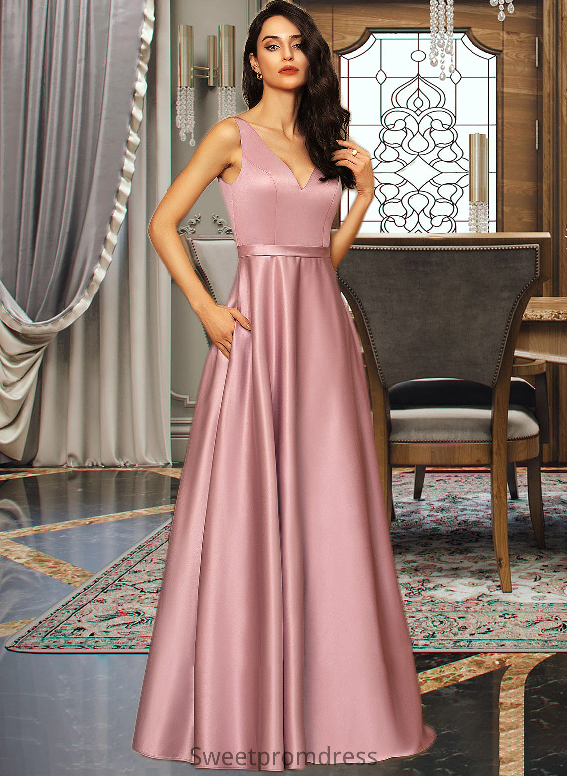 Selena Ball-Gown/Princess V-neck Floor-Length Satin Bridesmaid Dress With Pockets DHP0012880