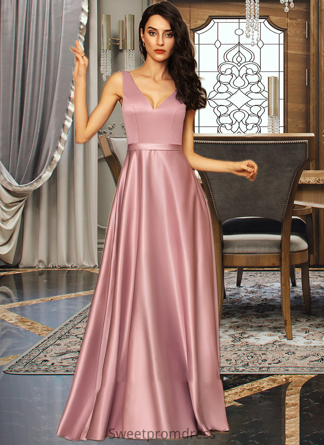 Selena Ball-Gown/Princess V-neck Floor-Length Satin Bridesmaid Dress With Pockets DHP0012880