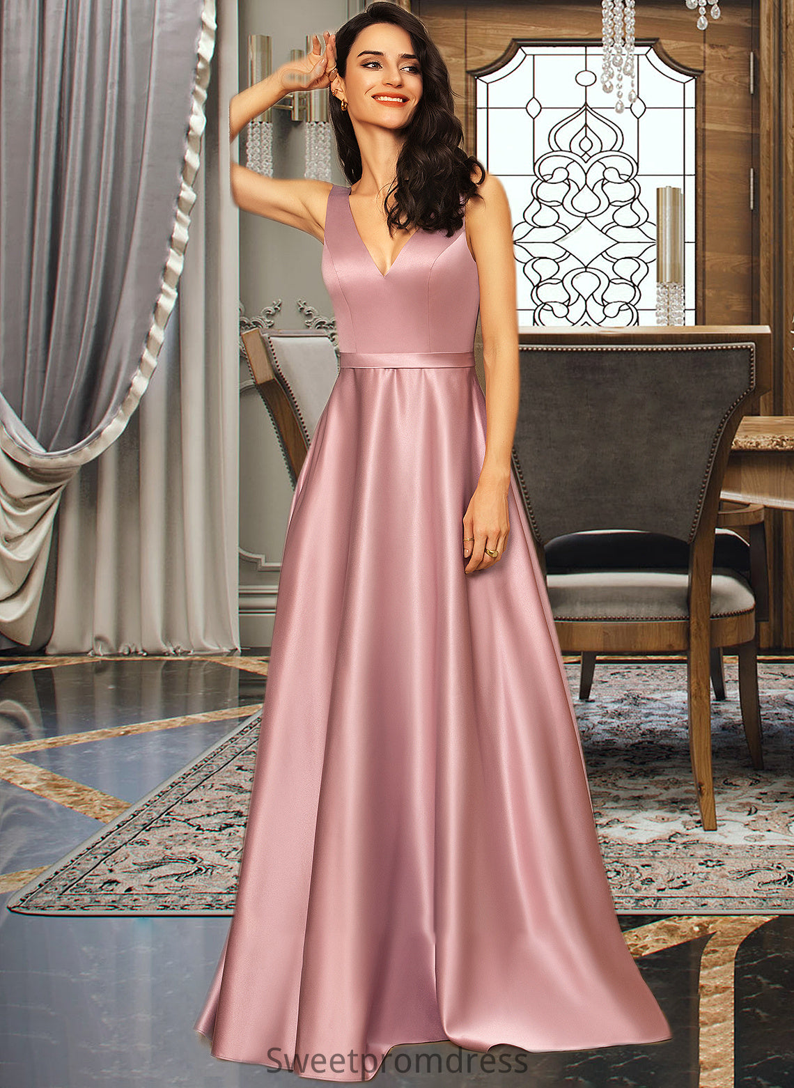 Selena Ball-Gown/Princess V-neck Floor-Length Satin Bridesmaid Dress With Pockets DHP0012880