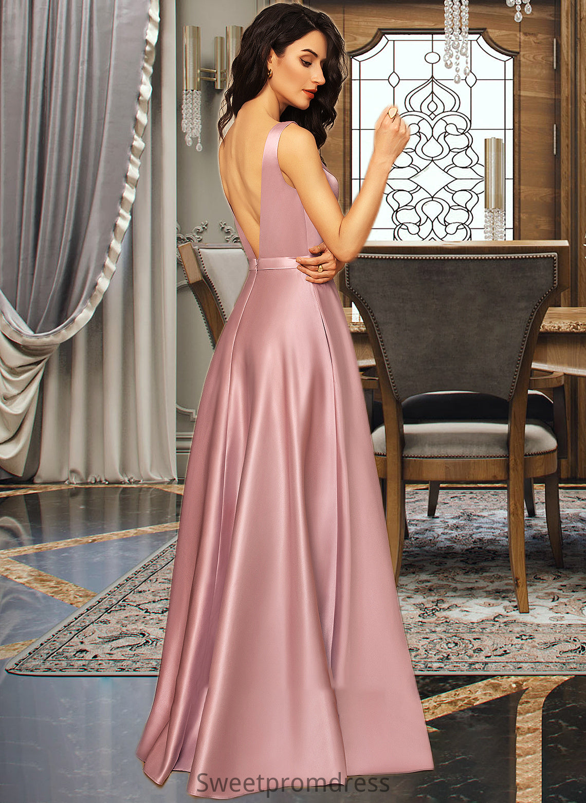 Selena Ball-Gown/Princess V-neck Floor-Length Satin Bridesmaid Dress With Pockets DHP0012880