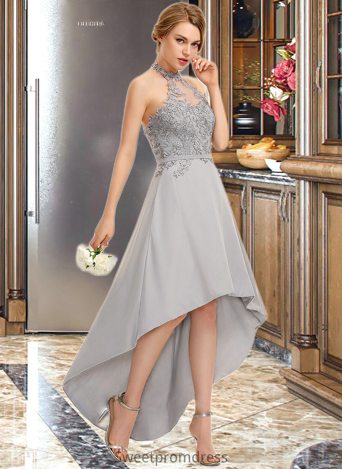 Mimi A-line Halter Asymmetrical Chiffon Lace Bridesmaid Dress DHP0012881