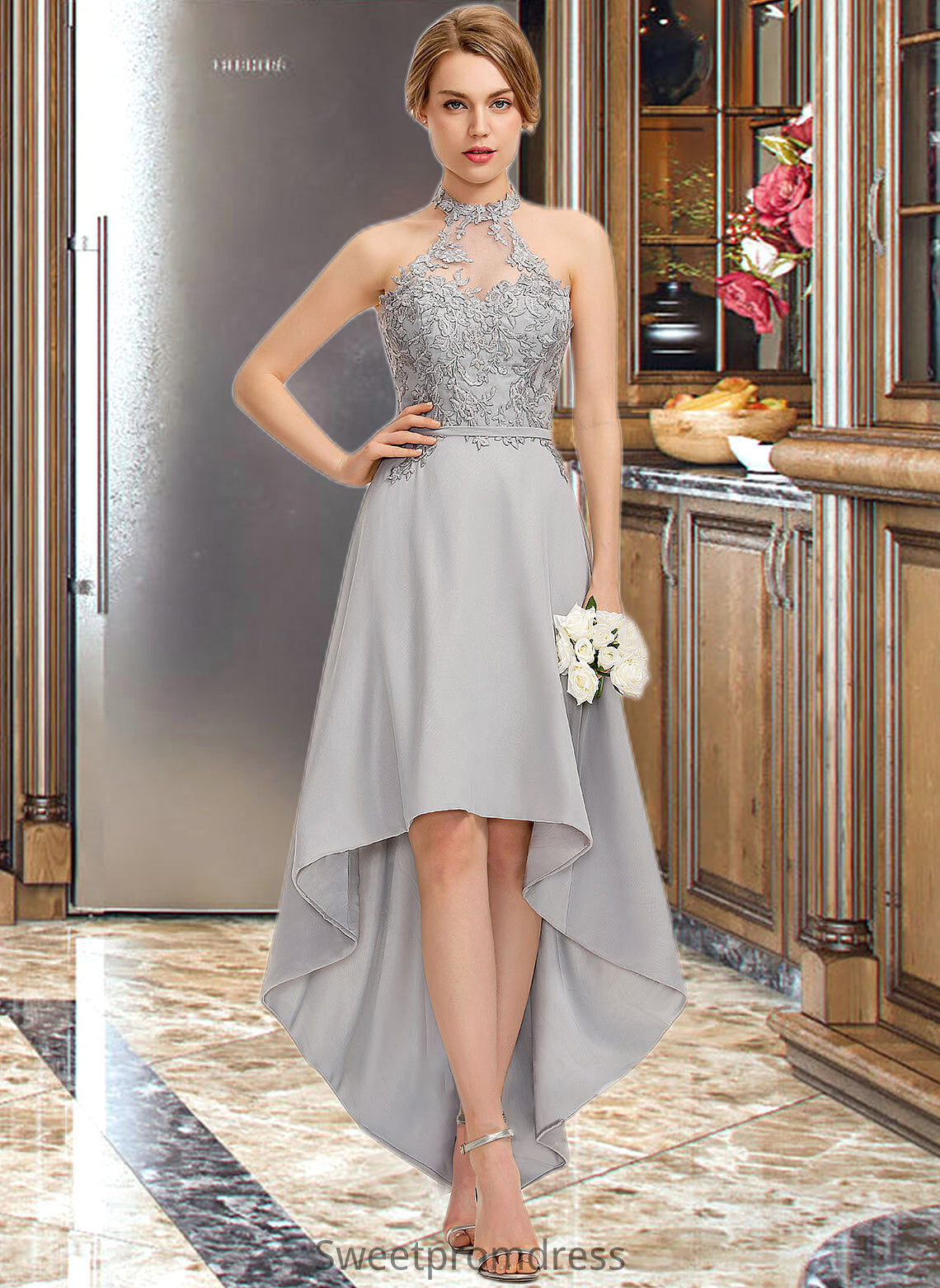 Mimi A-line Halter Asymmetrical Chiffon Lace Bridesmaid Dress DHP0012881