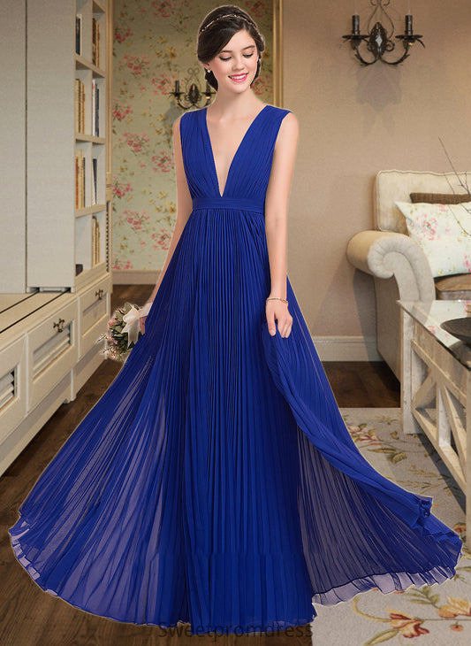 Sahna A-Line V-neck Floor-Length Chiffon Bridesmaid Dress With Bow(s) Pleated DHP0012882