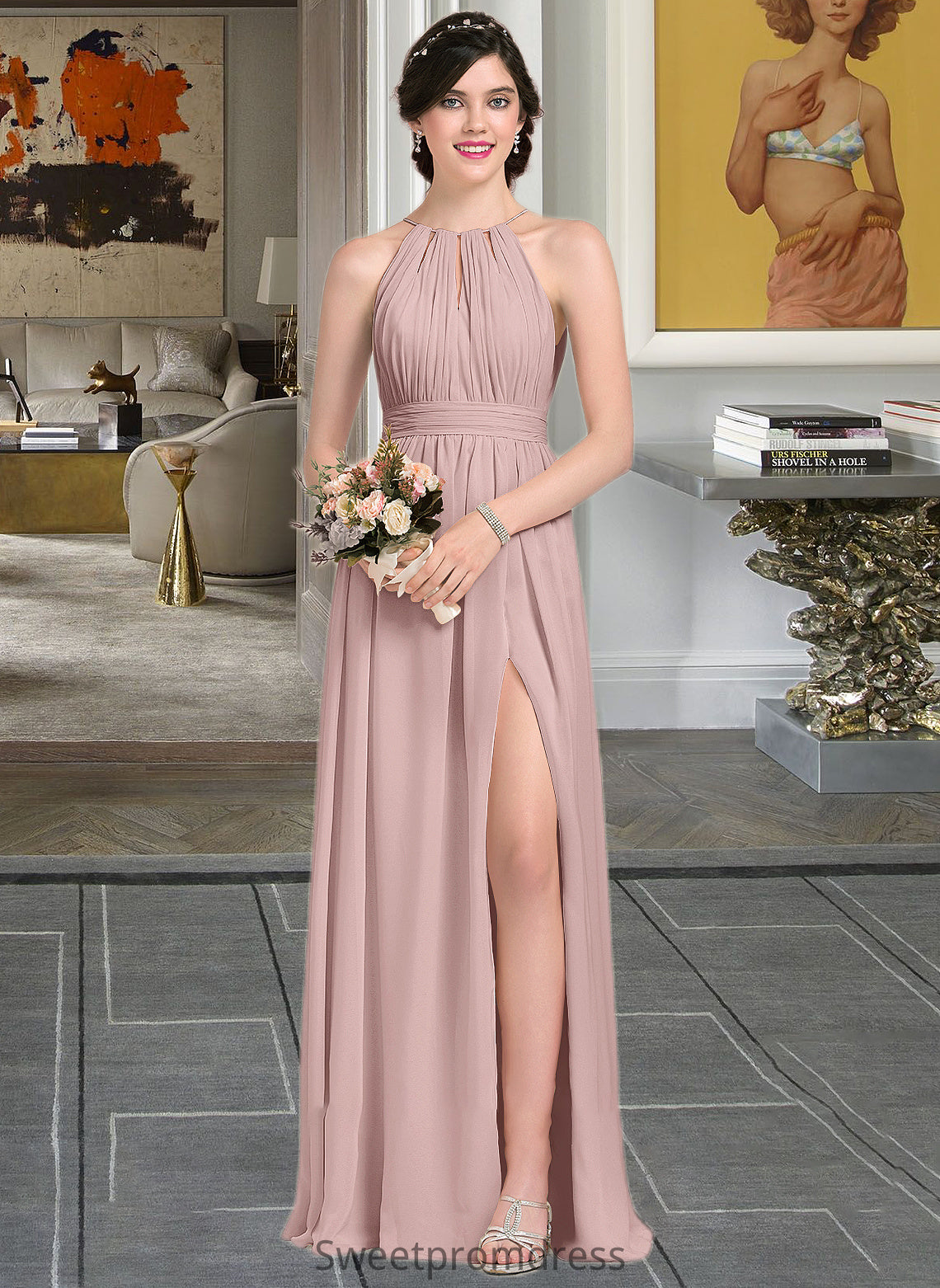 Denise A-Line Scoop Neck Floor-Length Chiffon Bridesmaid Dress With Ruffle Bow(s) Split Front DHP0012886