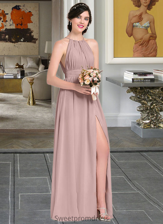 Denise A-Line Scoop Neck Floor-Length Chiffon Bridesmaid Dress With Ruffle Bow(s) Split Front DHP0012886