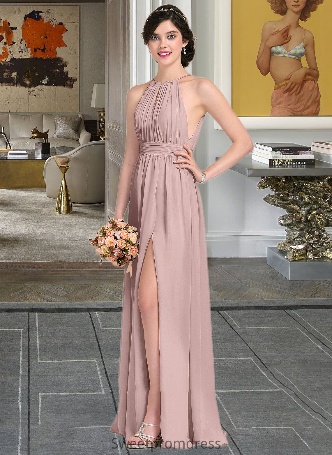 Denise A-Line Scoop Neck Floor-Length Chiffon Bridesmaid Dress With Ruffle Bow(s) Split Front DHP0012886