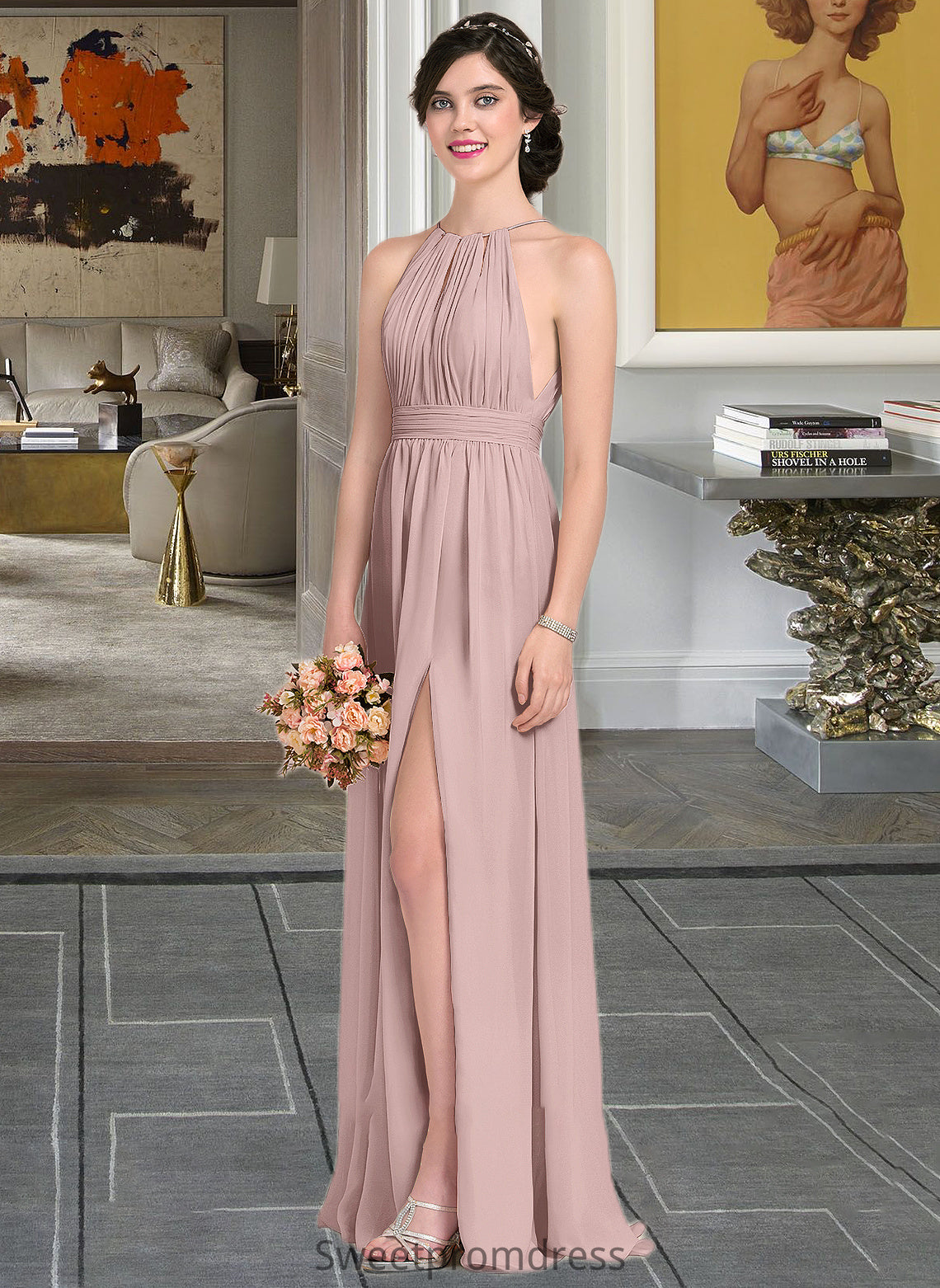 Denise A-Line Scoop Neck Floor-Length Chiffon Bridesmaid Dress With Ruffle Bow(s) Split Front DHP0012886