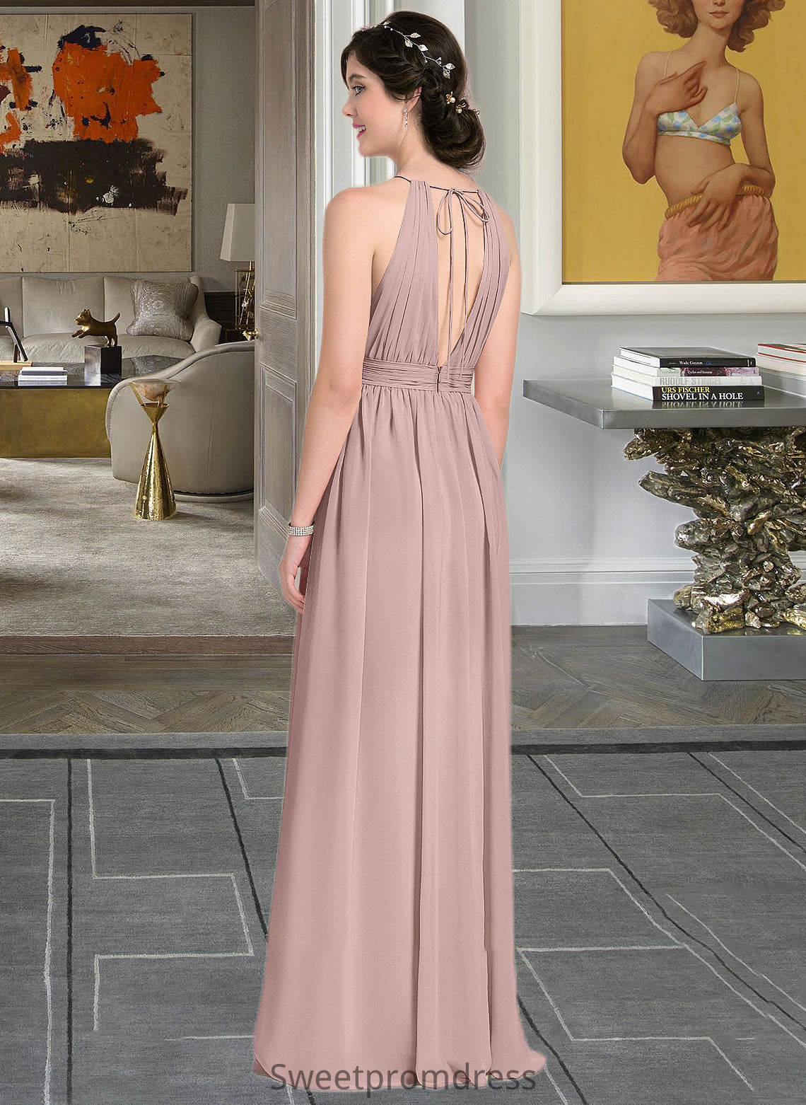 Denise A-Line Scoop Neck Floor-Length Chiffon Bridesmaid Dress With Ruffle Bow(s) Split Front DHP0012886