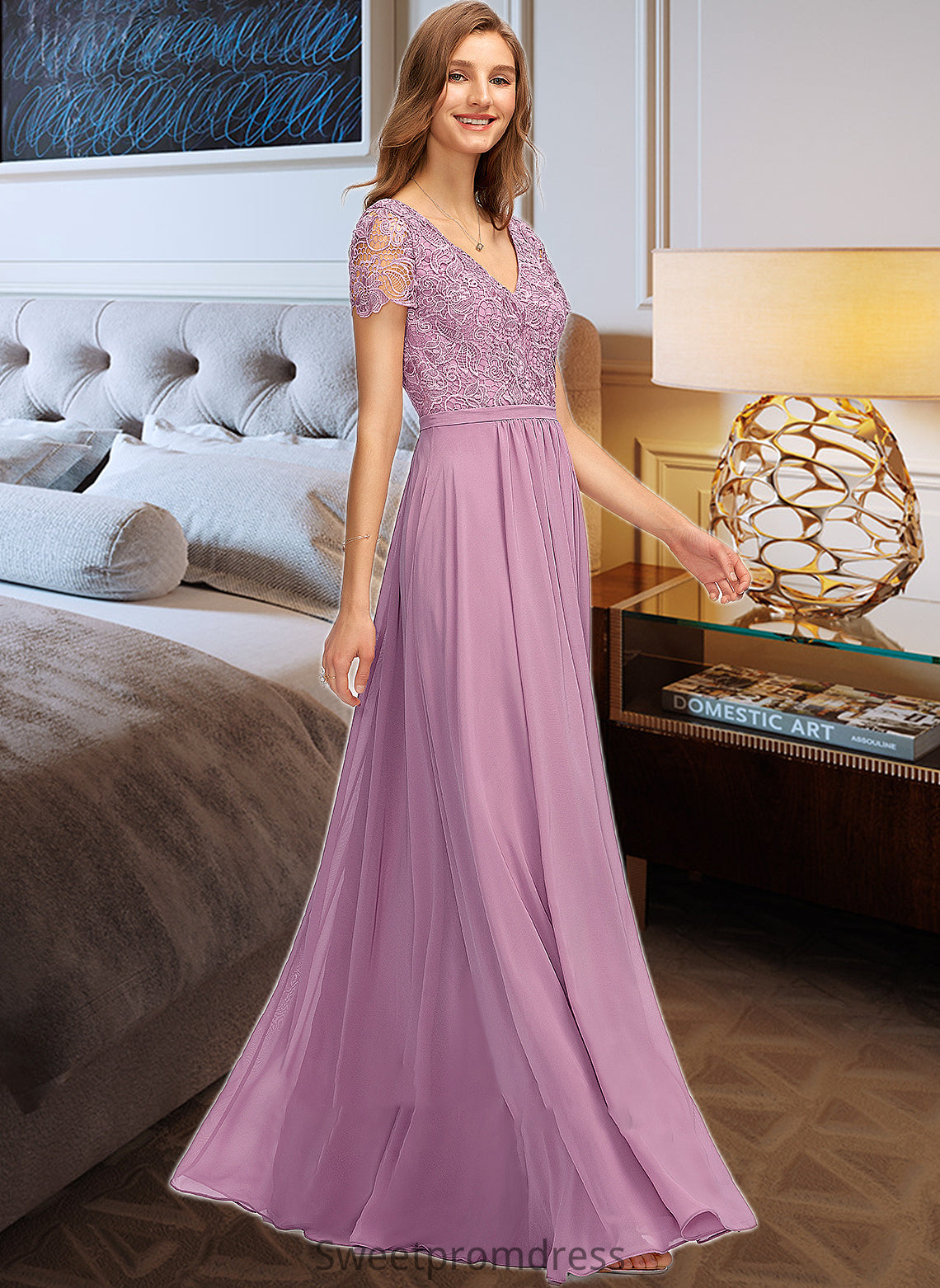 Ashtyn A-Line V-neck Floor-Length Chiffon Bridesmaid Dress With Split Front DHP0012890