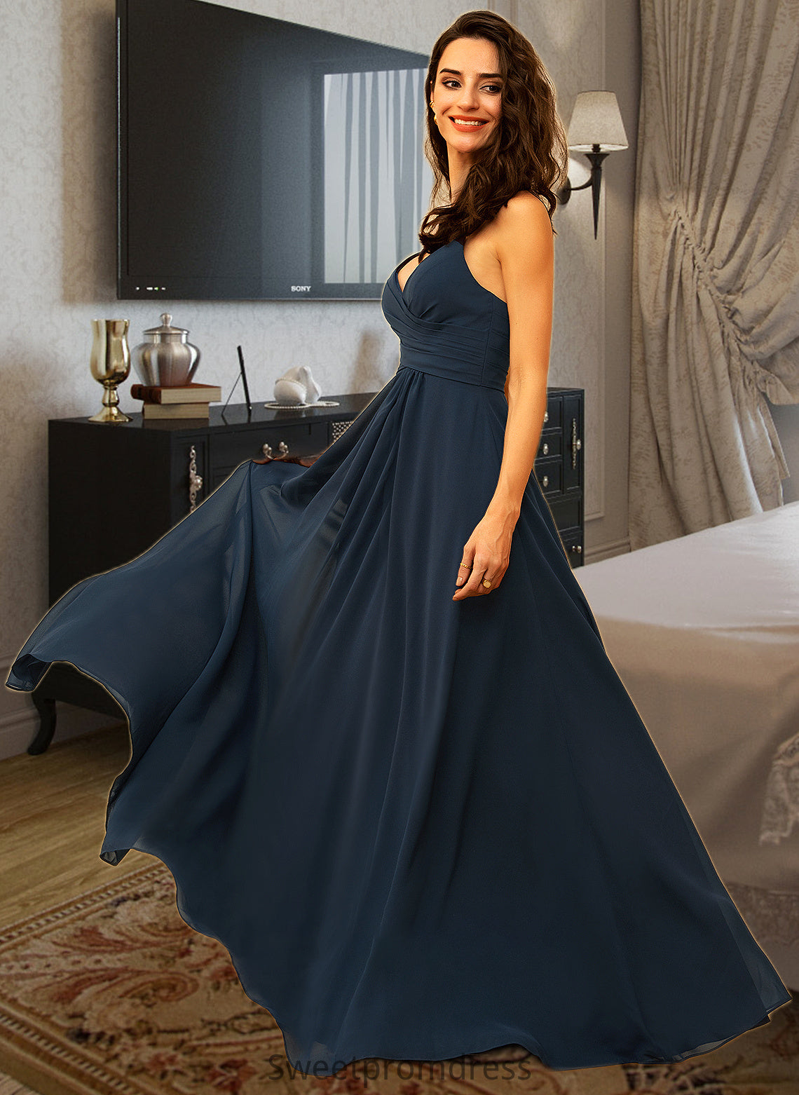 Jazmin A-Line V-neck Floor-Length Chiffon Bridesmaid Dress With Ruffle DHP0012891