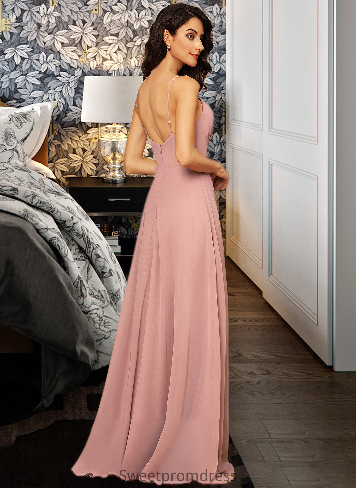 Cierra A-LineV-neckFloor-LengthChiffonBridesmaidDressWithRuffleSplitFront#251384 DHP0012892