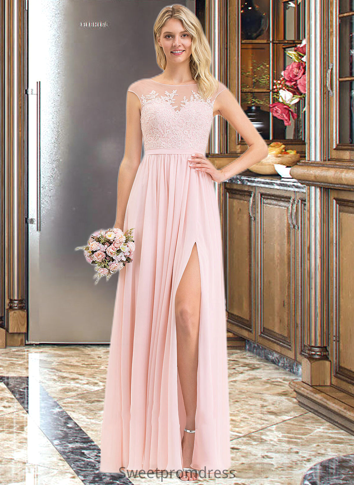 Cindy A-Line Scoop Neck Floor-Length Chiffon Lace Bridesmaid Dress With Split Front DHP0012896