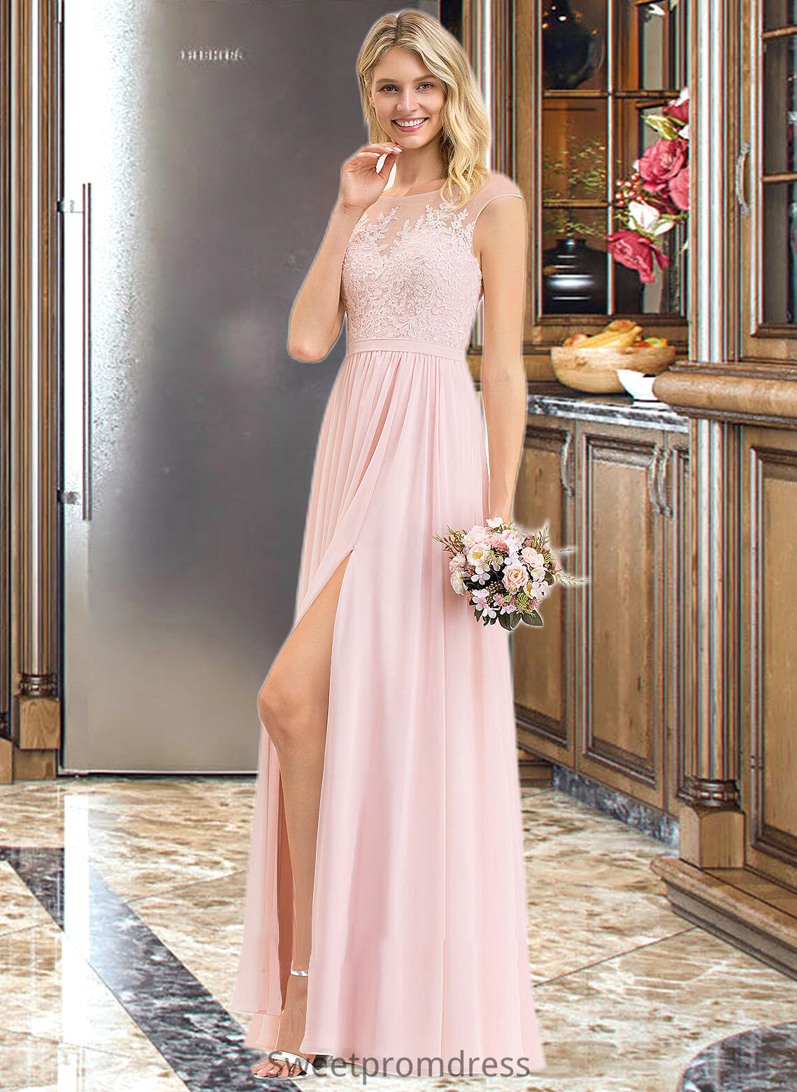 Cindy A-Line Scoop Neck Floor-Length Chiffon Lace Bridesmaid Dress With Split Front DHP0012896