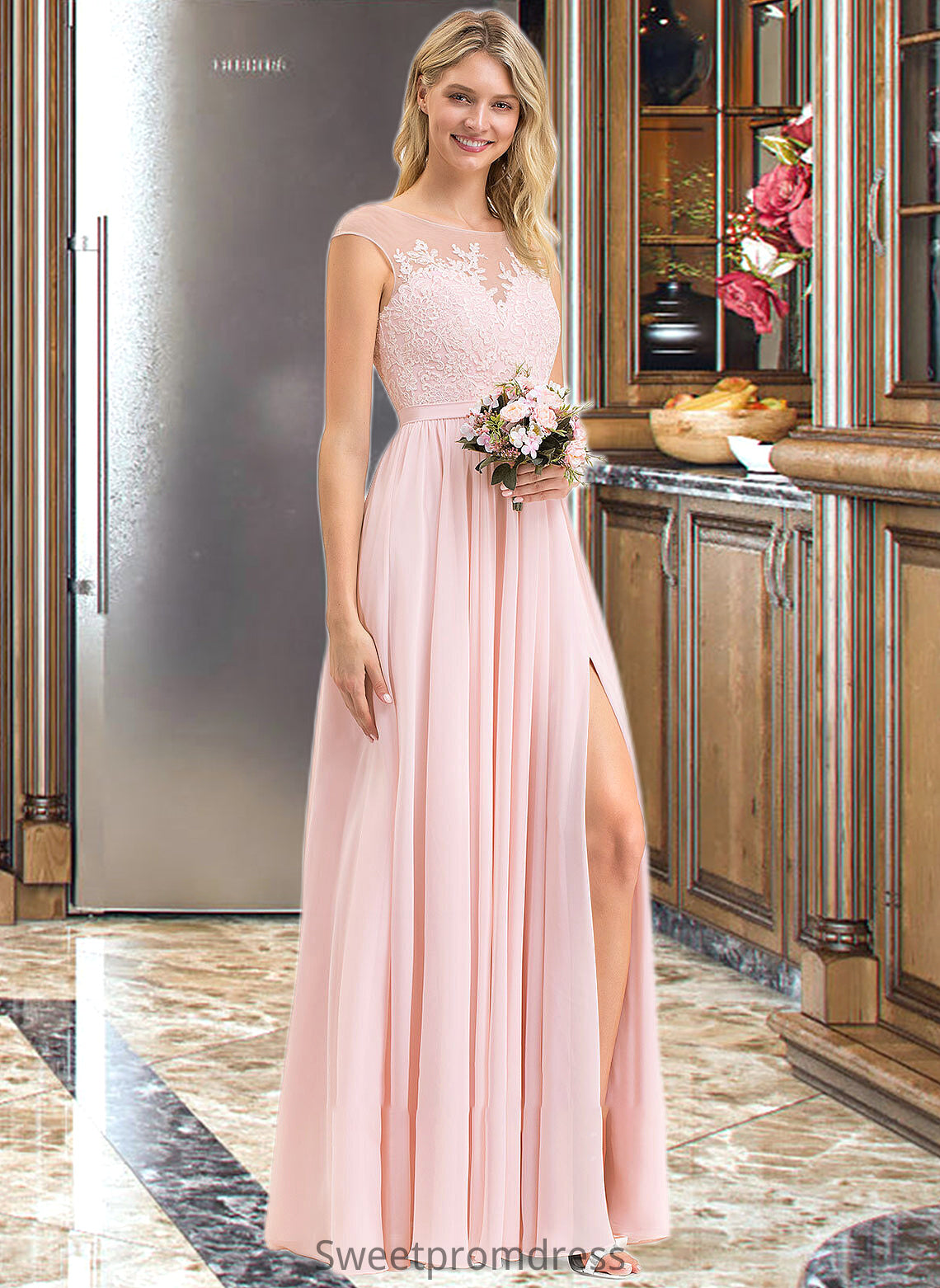 Cindy A-Line Scoop Neck Floor-Length Chiffon Lace Bridesmaid Dress With Split Front DHP0012896